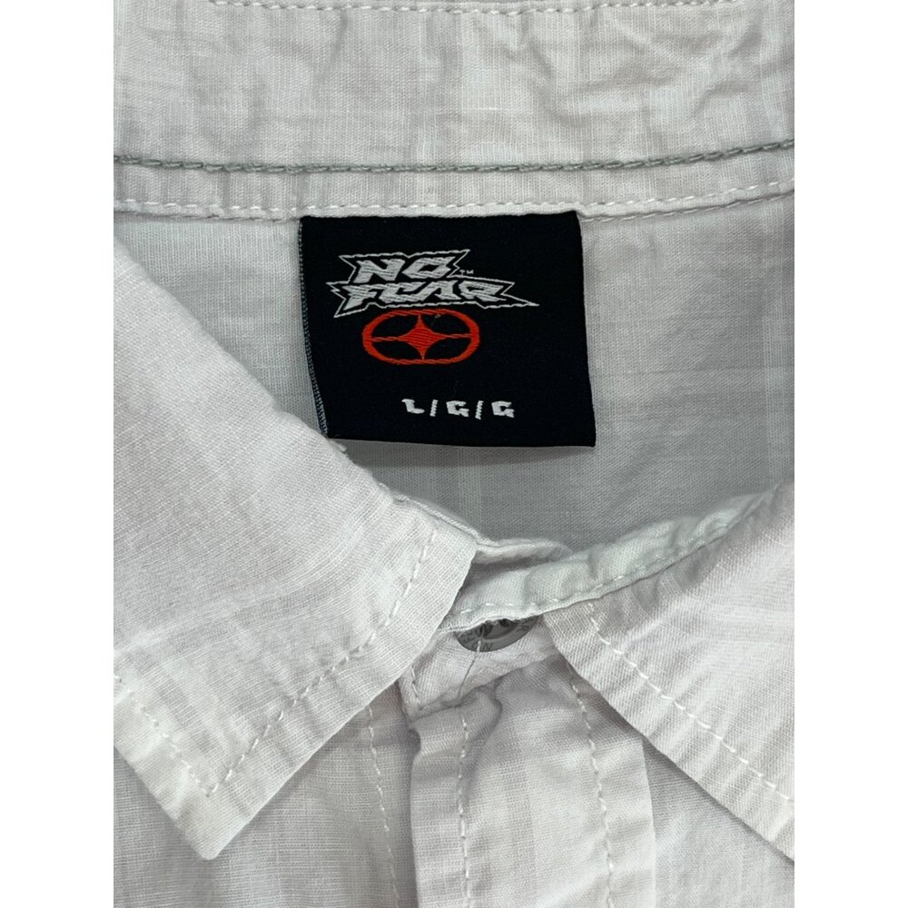 Y2K No Fear Button Up Shirt Mens L White Pockets Double Stitching Short Sleeve - Picture 6 of 9